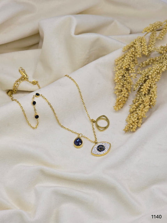 Anti-Tarnish Gold Jewelry Set with Evil Eye & Blue Gemstone Charms